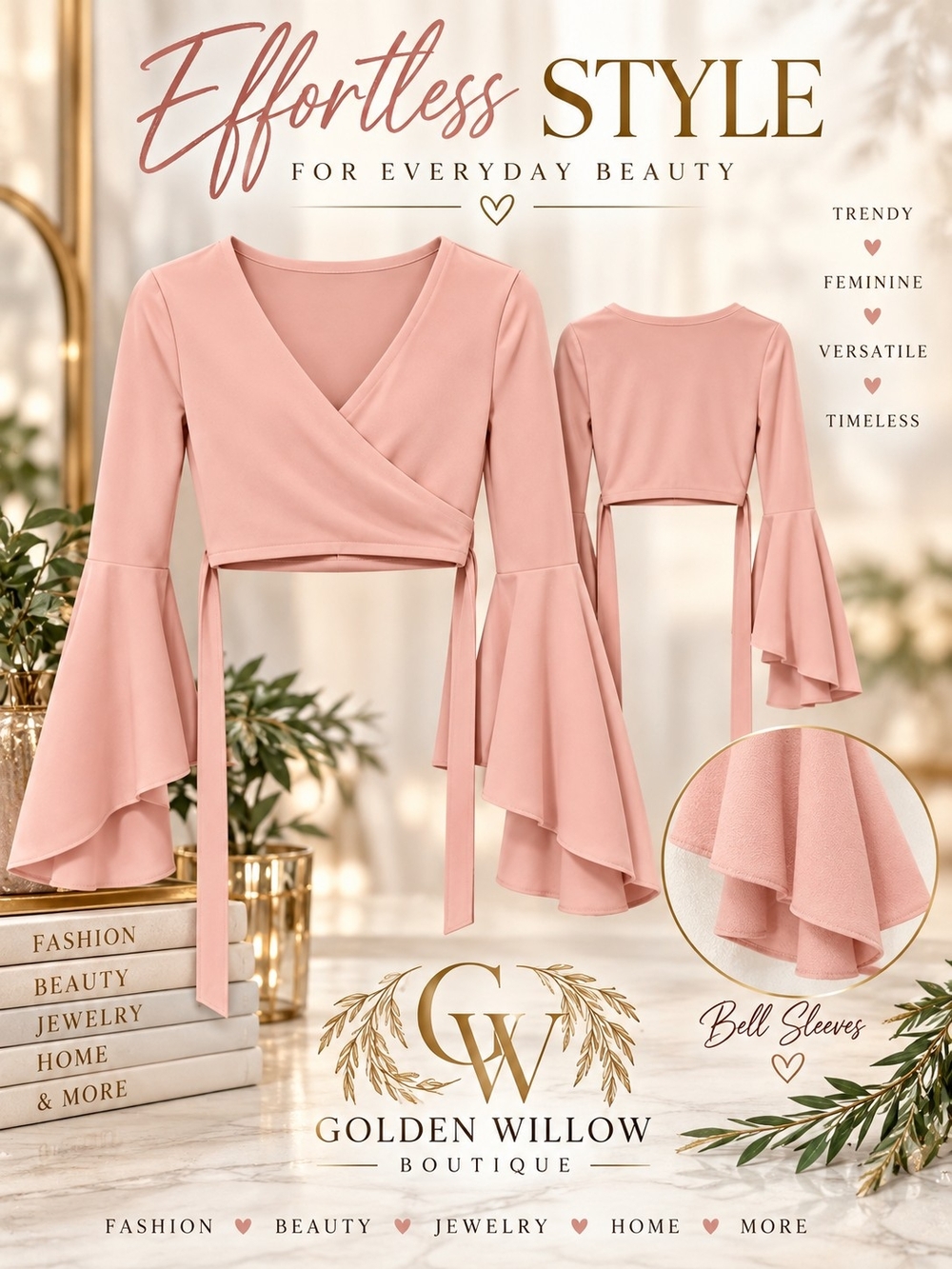 SHEIN Blush Pink Wrap Crop Top with Flared Bell Sleeves